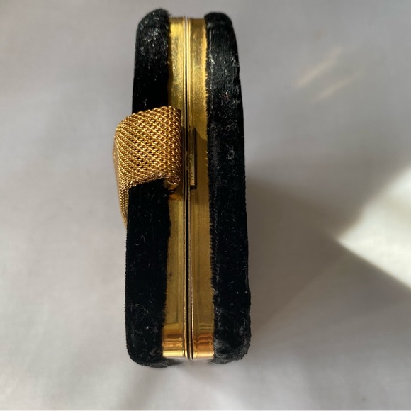 Ladies Antique Evening Purse Case Black Velvet With Pearls Gold Mesh Handle - Picture 4 of 10